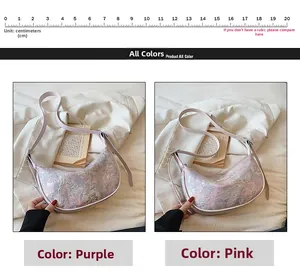 Detail of embroidered floral fabric bags in purple and pink with adjustable straps