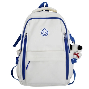 Large capacity off-white backpack with blue accents and a cute panda plush charm