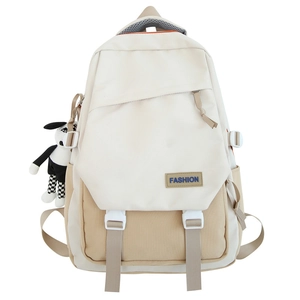 Sac à dos minimaliste crème et kaki avec un joli porte-clé en peluche dalmatien