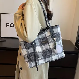 Plaid Canvas Tote Bag For Women Large Capacity Fringed Tweed Shoulder Bag With Fur Ball Pendant Daily Commute School Bag