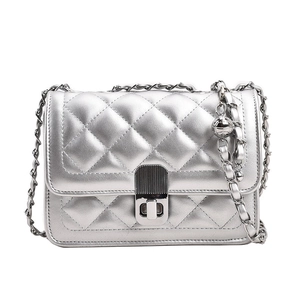 Silver quilted crossbody bag with metallic finish and chain strap on white background