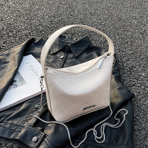 Quilted diamond lattice chain shoulder bag in cream white leather with metal logo