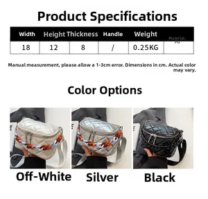 Detailed spec sheet of quilted crossbody bag in beige, silver, and black PU leather
