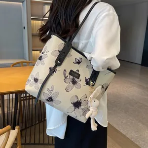 Women Canvas Tote Bag Large Capacity Floral Print Shoulder Bag With Rabbit Pendant Retro Casual Commute Travel Shopper Handbag