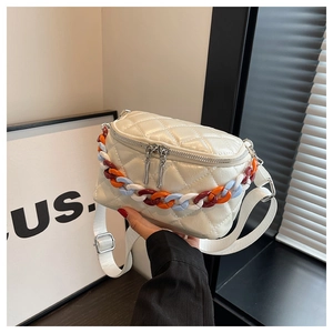 Detail of white quilted crossbody bag featuring multi-color chain and silver hardware