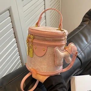 Vintage PU Leather Jacquard Cylinder Bucket Bag For Women Elegant Crossbody Handbag With Metal Lock And Animal Pendant