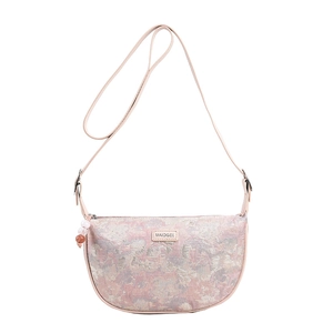 Pink jacquard half-moon shoulder bag with floral patterns and a beaded charm
