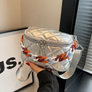 Quilted Rhombus Crossbody Bag For Women Fashion PU Leather Chest Bag With Colored Acrylic Chain Wide Strap Waist Bag