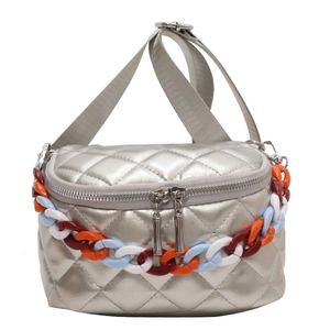 Silver quilted crossbody bag with colorful chunky chain strap and metallic finish
