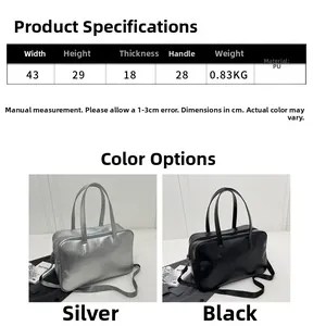 Detailed size chart for large PU leather tote bag with dimensions and color options