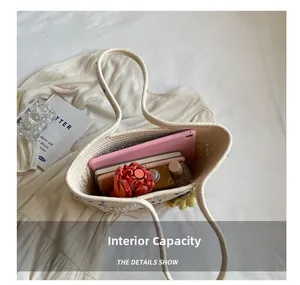 Top view of woven tote bag interior showing large capacity for tablets and cosmetics
