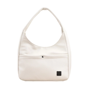 White pebbled leather hobo shoulder bag with metal buckle pocket and wide strap