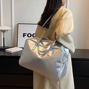 Women Large Capacity PU Leather Travel Bag Retro Solid Color Tote Handbag Crossbody Bag For Business Trip Outdoor Gym