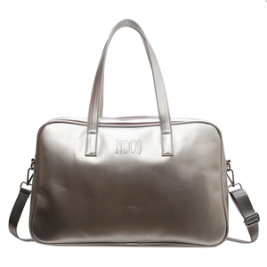 Large silver metallic travel duffel bag with NOCO logo and adjustable shoulder strap