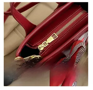 Detail view of the smooth golden metal zipper closure on a red leather handbag