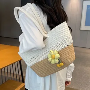 Large Capacity Woven Straw Tote Bag For Women Summer Beach Shoulder Bag With Flower Charm Bohemian Cotton Rope Handbag