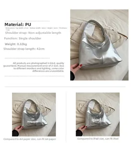 Dimensions détaillées du sac cabas en PU argenté montrant la largeur et la hauteur