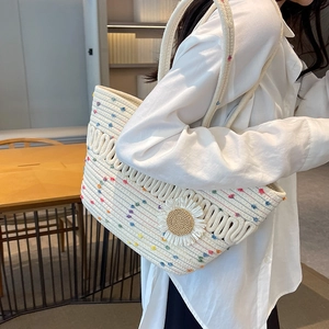 White woven cotton tote bag with rainbow dots and 3D daisy flower for summer beach