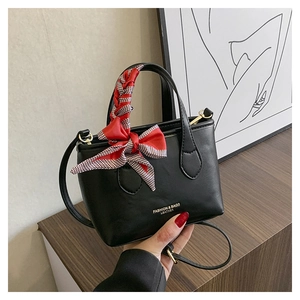 Detail of black mini bucket bag with fashion text and red checkered silk ribbon bow