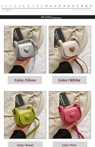 Mini saddle bags in silver, white, green, and pink with heart detail and shoulder straps