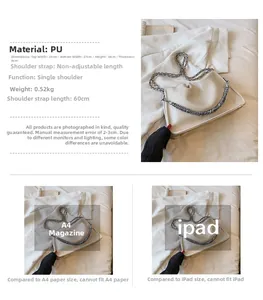 Detail view of white cloud bag with silver chain and size comparison against an iPad