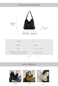 Dimensions détaillées du sac cabas en toile avec 4 styles de portage et 3 coloris