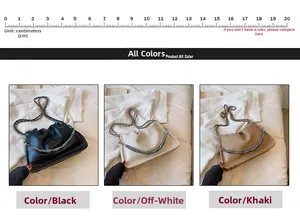 Detailed views of cloud pleated crossbody bags in black, beige, and khaki with silver chains
