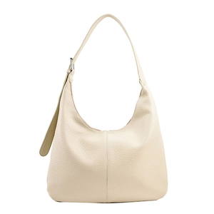 Minimalist creamy white large hobo shoulder bag in premium lychee grain leather