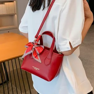 Women Fashion PU Leather Bucket Bag Small Crossbody Shoulder Bag With Plaid Satin Ribbon Bow Elegant Handbag For Daily Party