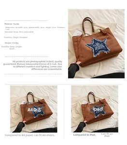 Detail view of large brown suede tote bag showing exact dimensions and A4 capacity size