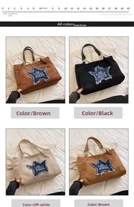 Macro view of suede tote bag featuring star denim patch and a size reference scale