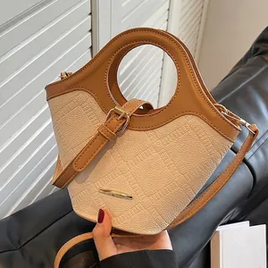 Sac Seau pour Femmes en Cuir PU Texture Litchi Minimaliste Sac Bandoulière Poignée Circulaire Mode Sac à Main Décontracté