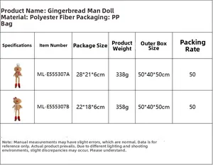 Detailed size chart for gingerbread man plush toys with material and SKU information