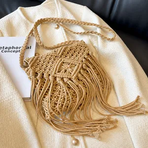 Women Handmade Macrame Woven Tassel Crossbody Bag Bohemian Cotton Rope Summer Beach Shoulder Bag With Diamond Pattern