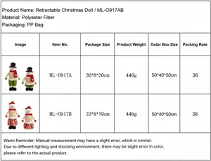 Detailed specification chart for Christmas telescopic snowman plush doll in green and red