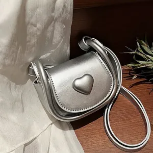 French Niche Mini Saddle Bag For Women Fashion Heart Decor Crossbody Bag Metal Texture PU Leather Shoulder Bag Gift