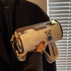 Sac cylindre rétro en toile imprimé ours avec large bandoulière pour femme chic