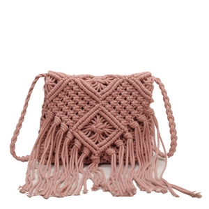Pink bohemian woven macrame shoulder bag with fringe tassel detail for beach and summer