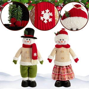 Charming plush snowman couple figures with holiday attire and knitting details