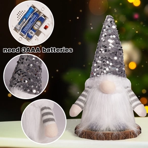 Christmas Rudolf Gnome with sequins hat and striped arms, needs 3 AAA batteries