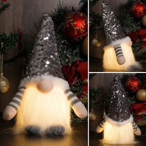 Luminous Christmas gnome with sequined hat and warm LED glowing beard detail