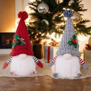 Christmas Rudolph gnome plush ornaments with red and grey hats in a festive home setting