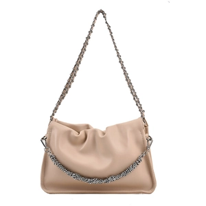 Beige pleated cloud bag with stylish silver chain strap and minimalist soft leather finish