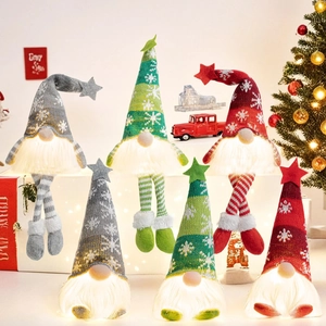Set of 6 glowing Christmas gnomes with LED lights, knit hats and snowflake patterns