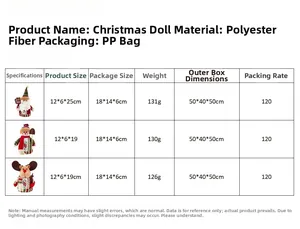 Size chart showing dimensions and weight for Santa, Snowman, and Reindeer Christmas dolls