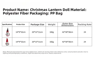 Size chart showing dimensions and weight for Christmas Rudolf gnome plush with lantern