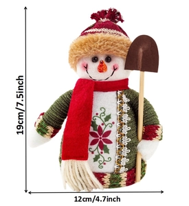 Close-up of plush snowman Christmas decor showing detailed 19cm height specifications