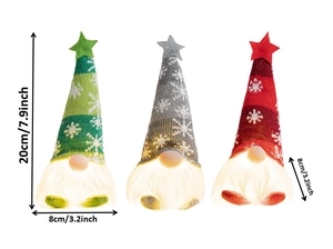Three glowing Christmas Gnomes with snowflake hats in green, gray, and red colors, 20cm height