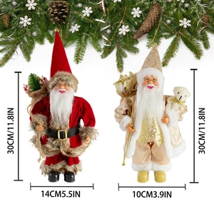 Detailvergleich von 12-Zoll Weihnachtsmannpuppen in rotem Samt und champagnergoldenen Roben
