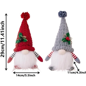 Set of 2 Christmas Rudolph gnomes in red and grey knit hats, 29cm festive plush decor